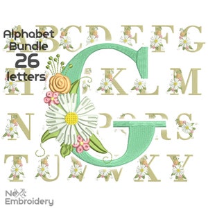 Diseño de bordado de alfabeto con flores, diseño de bordado de letras con flores, monograma floral, descarga instantánea PES