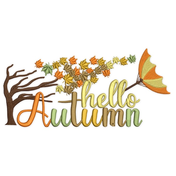 Hello Autumn Embroidery Design. Fall embroidery designs, Four seasons embroidery, Wind embroidery, Umbrella embroidery, Harvest embroidery,