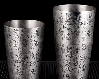 Boston shaker stainless steel tiki motifs Hawaiian mixology bartender cocktail drink