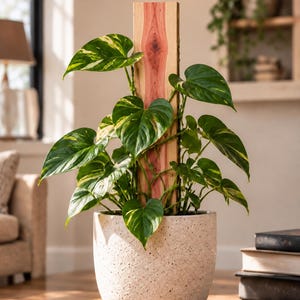 May include: A variegated pothos plant with heart-shaped green and yellow leaves climbing a vertical, rectangular cedar wood plank support, potted in a speckled, off-white, rounded ceramic planter with a smooth, matte finish.
