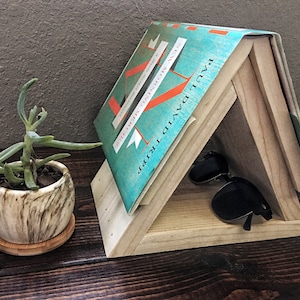 Nightstand Book Holder, Book Stand, Wood Bookmark, Wooden Bookmark, Small Bookshelf, Book Lover Gift, Triangle Shelf, Bedroom Decor, Rustic image 1