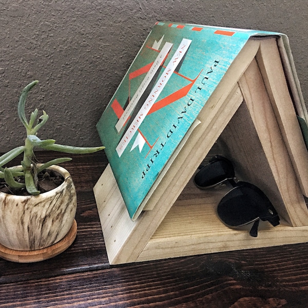 Nightstand Book Holder, Book Stand, Wood Bookmark, Wooden Bookmark, Small Bookshelf, Book Lover Gift, Triangle Shelf, Bedroom Decor, Rustic