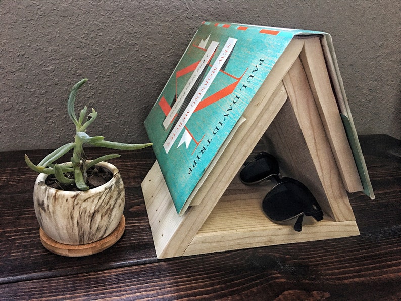 Nightstand Book Holder, Book Stand, Wood Bookmark, Wooden Bookmark, Small Bookshelf, Book Lover Gift, Triangle Shelf, Bedroom Decor, Rustic image 1