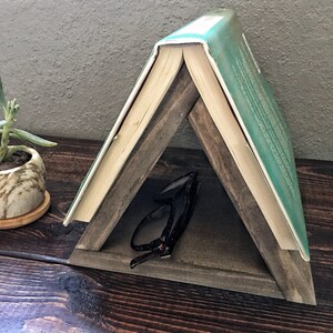 Nightstand Book Holder, Book Stand, Wood Bookmark, Wooden Bookmark, Small Bookshelf, Book Lover Gift, Triangle Shelf, Bedroom Decor, Rustic image 3