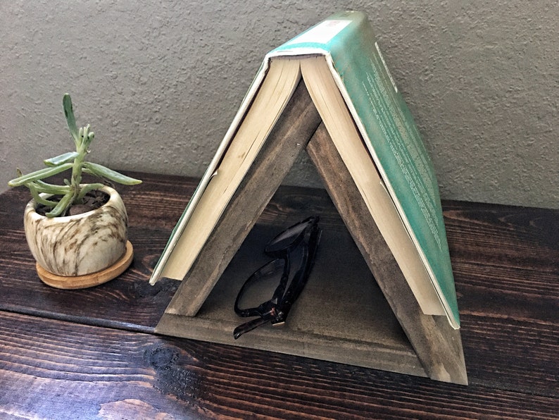 Nightstand Book Holder, Book Stand, Wood Bookmark, Wooden Bookmark, Small Bookshelf, Book Lover Gift, Triangle Shelf, Bedroom Decor, Rustic image 3