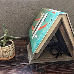 Nightstand Book Holder, Book Stand, Wood Bookmark, Wooden Bookmark, Small Bookshelf, Book Lover Gift, Triangle Shelf, Bedroom Decor, Rustic image 4