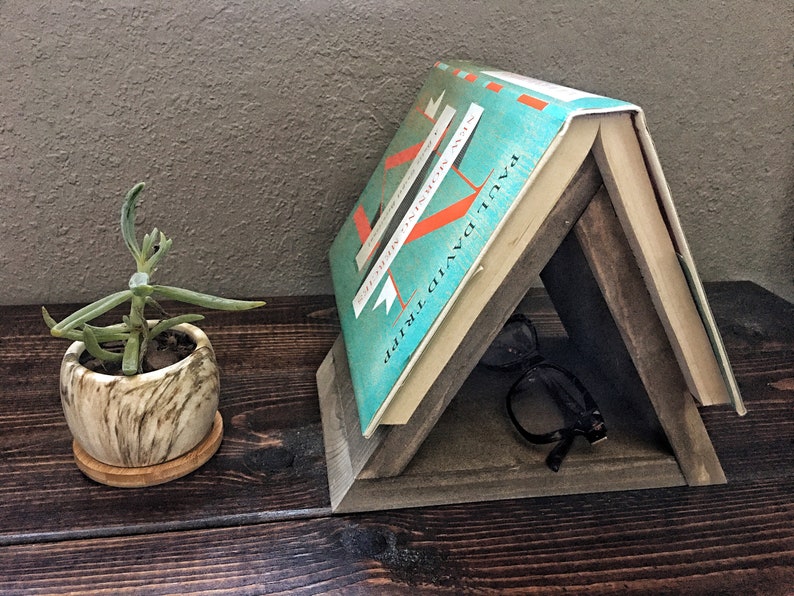 Nightstand Book Holder, Book Stand, Wood Bookmark, Wooden Bookmark, Small Bookshelf, Book Lover Gift, Triangle Shelf, Bedroom Decor, Rustic image 4