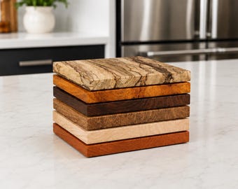 Wood Coasters Set of 4 – Handmade Hardwood Drink Coasters – Maple, Cherry, Walnut, Etc. – Natural Wooden Coaster Set – Housewarming Gift