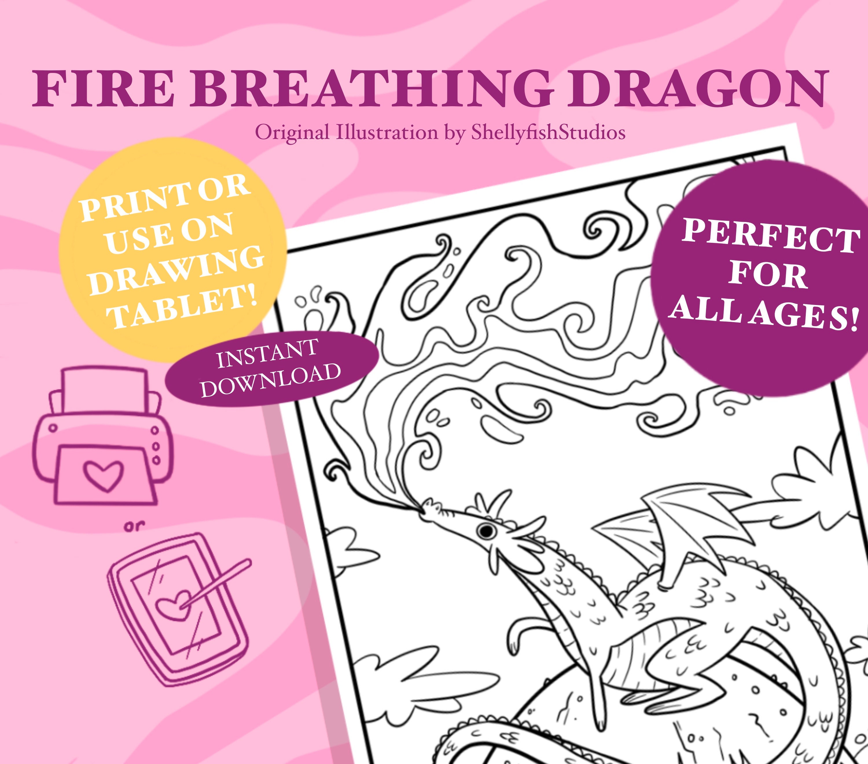 Fire Breathing Dragon Hand-Drawn Coloring Page Printable &amp; - Etsy España