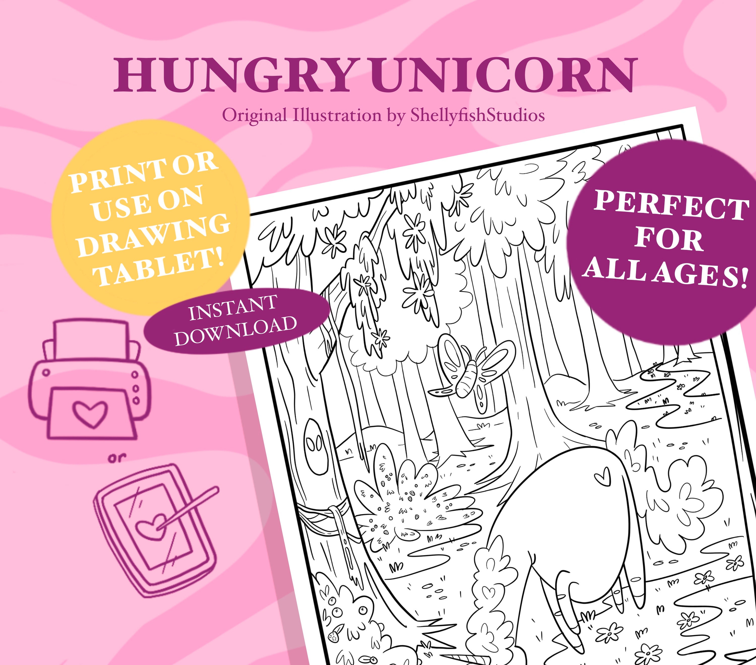 Hungry Unicorn Hand-Drawn Coloring Page Printable & Digital | Etsy