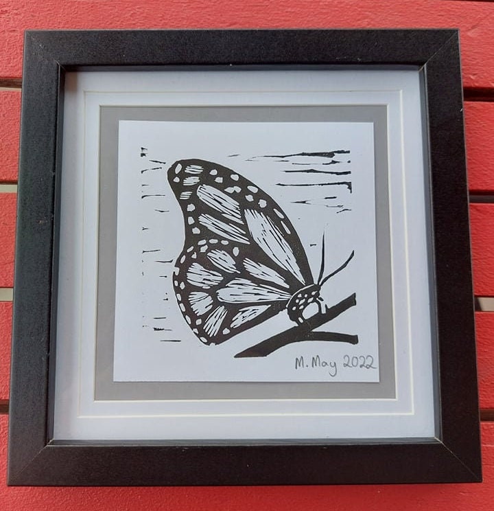 Signed 4-Inch Linoleum Block Print of a Butterfly with Birds - Farfalla