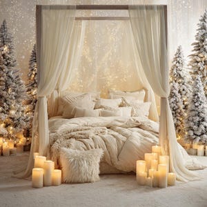 May include: A cozy bedroom scene featuring a four-poster bed draped with sheer ivory fabric. The bed is adorned with plush pillows and a fluffy comforter. Flanking the bed are snow-covered Christmas trees, and lit candles create a warm, inviting ambiance.