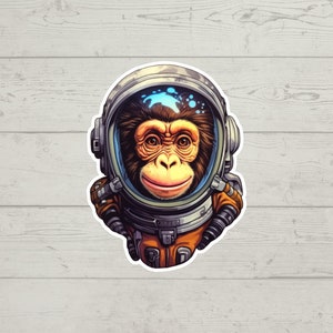 Puede incluir: Una ilustración de dibujos animados de un chimpancé con un casco de astronauta blanco con una visera azul. El chimpancé lleva un traje espacial marrón y naranja con una cremallera y un cinturón. El fondo es una veta de madera clara.