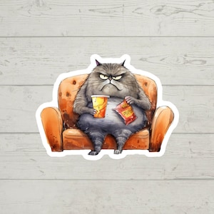 Puede incluir: Un gato gris con una expresión de enfado se sienta en un sillón naranja, sosteniendo una taza de soda naranja y una bolsa de patatas fritas. El gato lleva una camisa a rayas azul y gris.