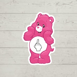Adesivo de urso caridoso foda-se dedo médio rosa urso caridoso adesivo de vinil brilhante à prova d'água presente fofo copo laptop adesivo decalque garrafa de água