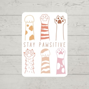 May include: A white sticker with six paw prints in different colors and patterns. The paw prints are arranged in two rows of three. The text "STAY PAWSITIVE" is printed in black below the paw prints.