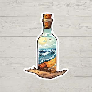May include: A glass bottle with a cork stopper contains a miniature seascape with a blue wave, sandy beach, and a small wooden chest. The bottle is on a piece of driftwood.