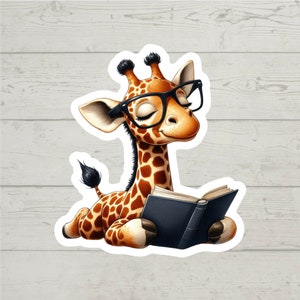 May include: A cartoon giraffe wearing black glasses and reading a book. The giraffe is brown and white with a long neck and a long tail. The book is blue and has a white spine.
