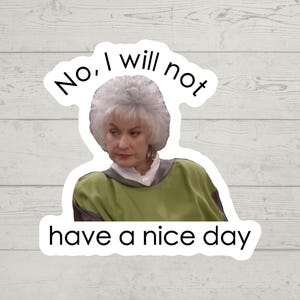 以下が含まれることがあります： 白い髪の女性とグリーンのトップスが描かれたステッカー。「No, I will not have a nice day」というテキストが書かれています。