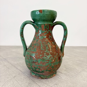 Vaso antico rustico verde a 2 manici