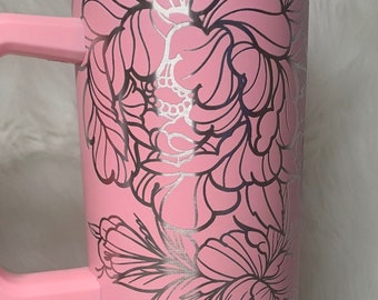 Peonies Floral 40oz Laser Engraved Tumbler/ Flowers Beverage Mug With Handle