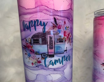 Happy Camper Purple Pink Blue 20oz Beverage Mug/Marble Swirl Tumbler/Camping Mug