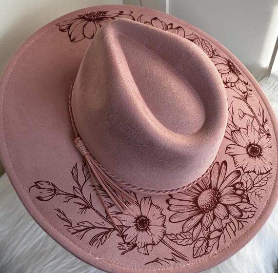 Floral Vegan Suede Cowboy Hat, Laser Engraved Hat