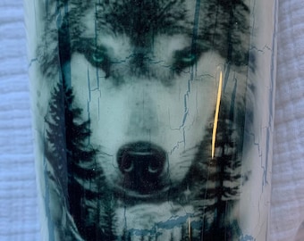 Wildlife Wolf Blue White Crackle 20 oz Tumbler/Cup With Wolf/Gift For Him