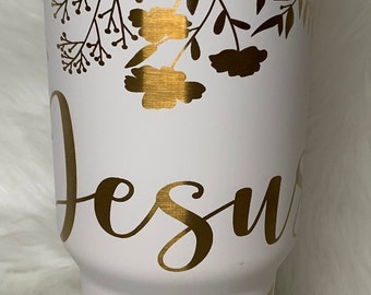 Gold Jesus Faith Butterfly Floral 40oz Laser Engraved Tumbler