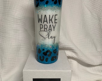 Cheetah Wake Pray Slay Blue Glitter 20oz Tumbler/Animal Print Mug/Good Blessings Beverage Cup/Seize The Day