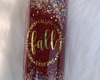 Fall Autumn Glitter Tumbler / Blue or Red Fall Tumbler / 20 oz Beverage Cup / Hot or Cold Tumbler