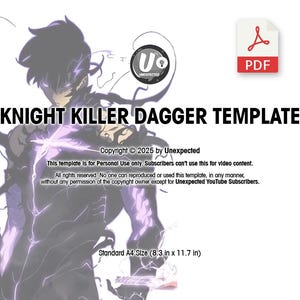 以下が含まれることがあります： 黒い髪と紫色の目をしたキャラクターが短剣を持っているデジタルイラスト。画像は「ナイトキラーダガーテンプレート」というタイトルで、2025年のUnexpectedによる著作権情報が含まれています。このテンプレートは個人使用のみを目的としており、加入者はビデオコンテンツに使用することはできません。
