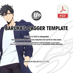 May include: A black and white line drawing of a dagger, labeled "Baruka's Dagger Template". The template is for personal use only and is standard A4 size (8.3 inches by 11.7 inches).