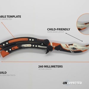 May include: Printable template of a black and orange butterfly knife with white accents. The knife is 260 millimetres long and is described as child-friendly and having a solid build. The template is licensed by Unexpected.
