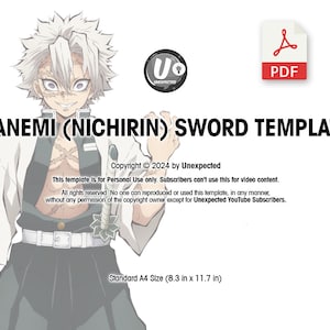 May include: A digital template featuring an anime character holding a sword. The character has white hair and is wearing a white and black outfit. The text "SANEMI (NICHIRIN) SWORD TEMPLATE" is at the top of the image. The text "Copyright © 2024 by Unexpected" is at the bottom of the image.