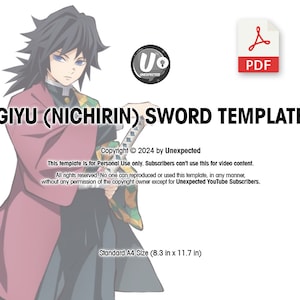 Può includere: Un modello stampabile con un personaggio anime che tiene una spada. Il modello è intitolato "Giyu (Nichirin) Sword Template" e include informazioni sul copyright per il 2024 da parte di Unexpected. Il modello è solo per uso personale e gli abbonati non possono utilizzarlo per contenuti video. Il modello è di formato A4 standard, 21 cm per 29,7 cm.