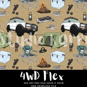 May include: A seamless pattern featuring a white 4WD vehicle, a green tent, a blue folding chair, a campfire, a cooler, and other camping gear on a brown background. The text "4WD Flex" is at the bottom of the image. 300 DPI PNG file 20cm x 20cm. One seamless file.