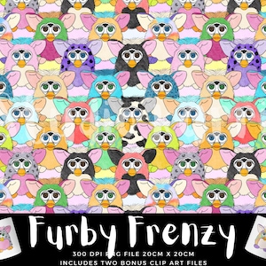 May include: A digital seamless pattern featuring a repeating design of colourful Furby toys. The Furby toys are arranged in a grid pattern and have different colours and expressions. The background is a light pink colour. The text "Furby Frenzy" is written in white letters on a black background at the bottom of the image. The text "300 DPI RAG FILE 20CM X 20CM" is written in white letters on a black background below the text "Furby Frenzy". The text "INCLUDES TWO BONUS CLIP ART FILES" is written in white letters on a black background below the text "300 DPI RAG FILE 20CM X 20CM".