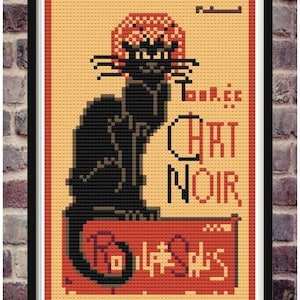 Puede incluir: Un póster de estilo vintage con un gato negro que lleva un sombrero rojo y blanco. El póster tiene el texto "Tabac" y "Chat Noir" en francés.