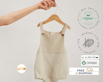 Hand Knit Romper Organic Cotton New Born Baby Clothes Gift, Gender Neutral Baby Clothing Coming Home Outfit Eco Friendly