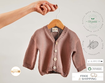 Cardigan lavorato a mano in cotone organico, regalo per vestiti per neonati, abbigliamento per neonati di genere neutro, per tornare a casa, ecologico