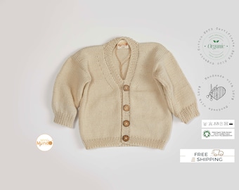 Hand Made Knit Organic Cotton Baby Cardigan, Gender Neutral Newborn Outfit