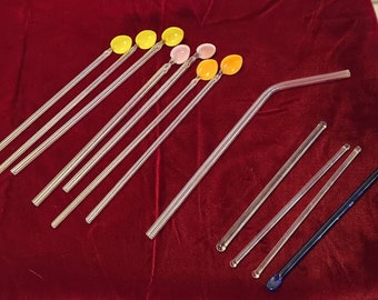 Set of Blown Glass Cocktail Stirrers, Swizzle Sticks, Glass Straws - Vintage Barware - Vintage Blown Glass Cocktail Stirrers