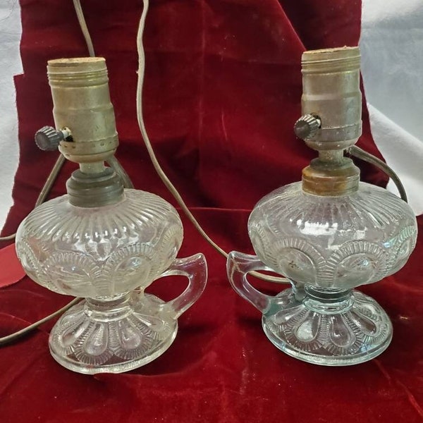 Two Vintage Pressed Glass Oil Lamo Base Fingertip Lamps - Eyebrow Pattern - Converted to Electric Glass Lamps