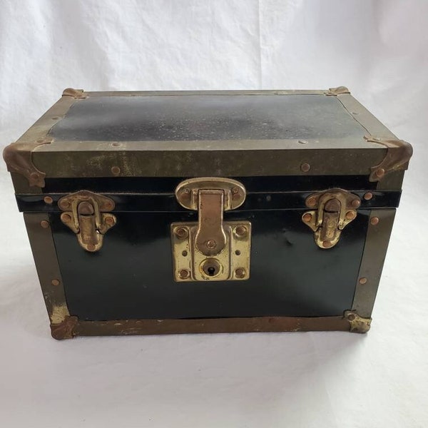 Antique Doll Steamer Trunk with Tray Insert - Doll Accessories - Original Paper Lining - Early 1900s
