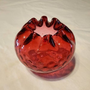 Vintage Fenton Cranberry Inverted Hobnail Rose Bowl Vase - Crimped Top - Cranberry Fenton