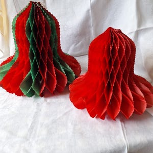 2 Honeycomb Tissue Paper Christmas Bells One Red and One Red and Green