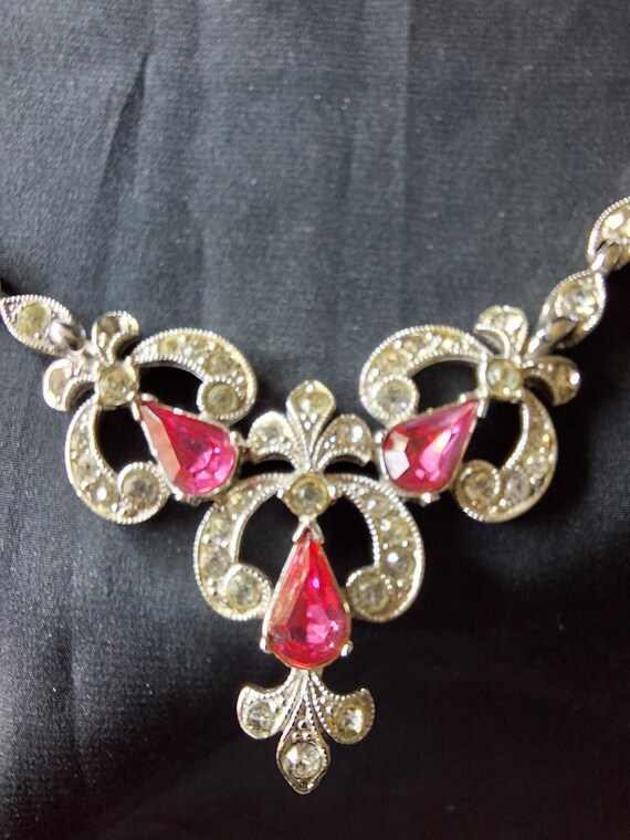 Vintage Bogoff Art Deco Statement Necklace Pink C… - image 2