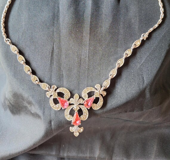 Vintage Bogoff Art Deco Statement Necklace Pink C… - image 1