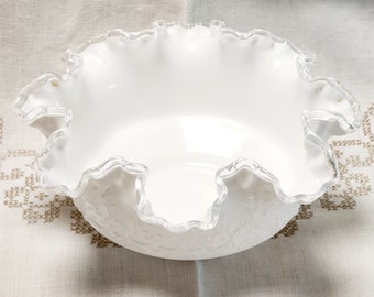 Vintage Fenton Silver Crest Spanish Lace Embossed White Milkglass Bowl - Silver Crest Bowl - Fancy Embossed Milkglass Bowl - Fenton Bowl
